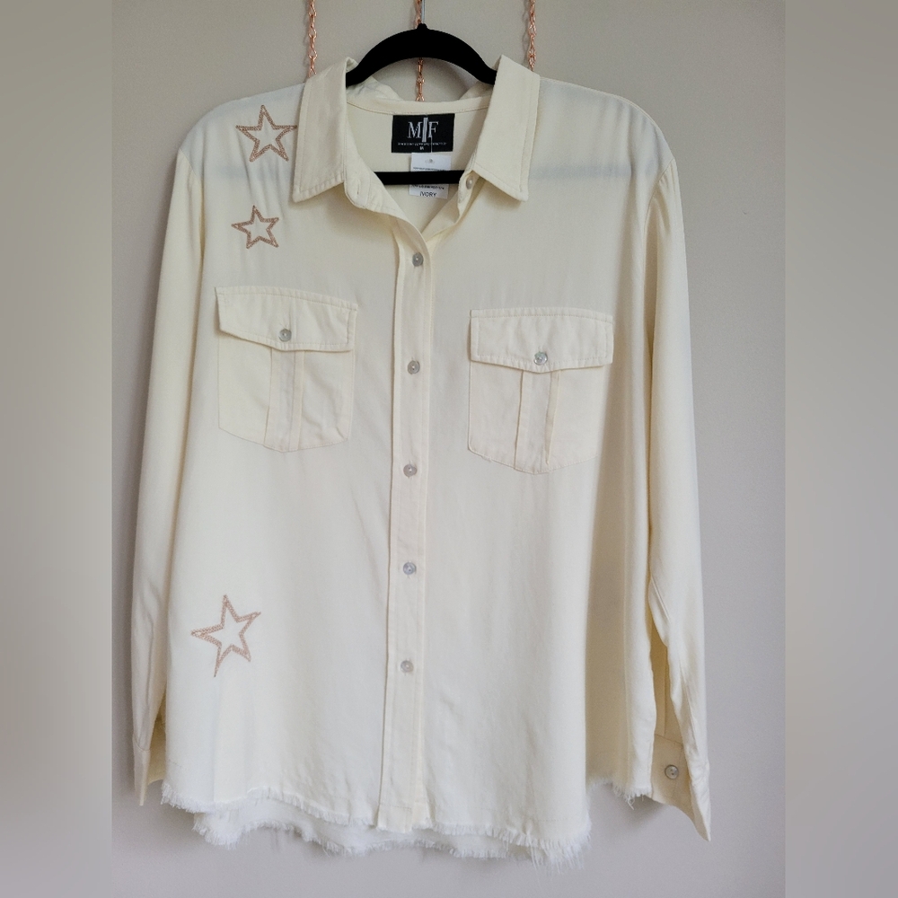 Moving forward designs ivory ,gold embroidery/gold stars size Medium button down
